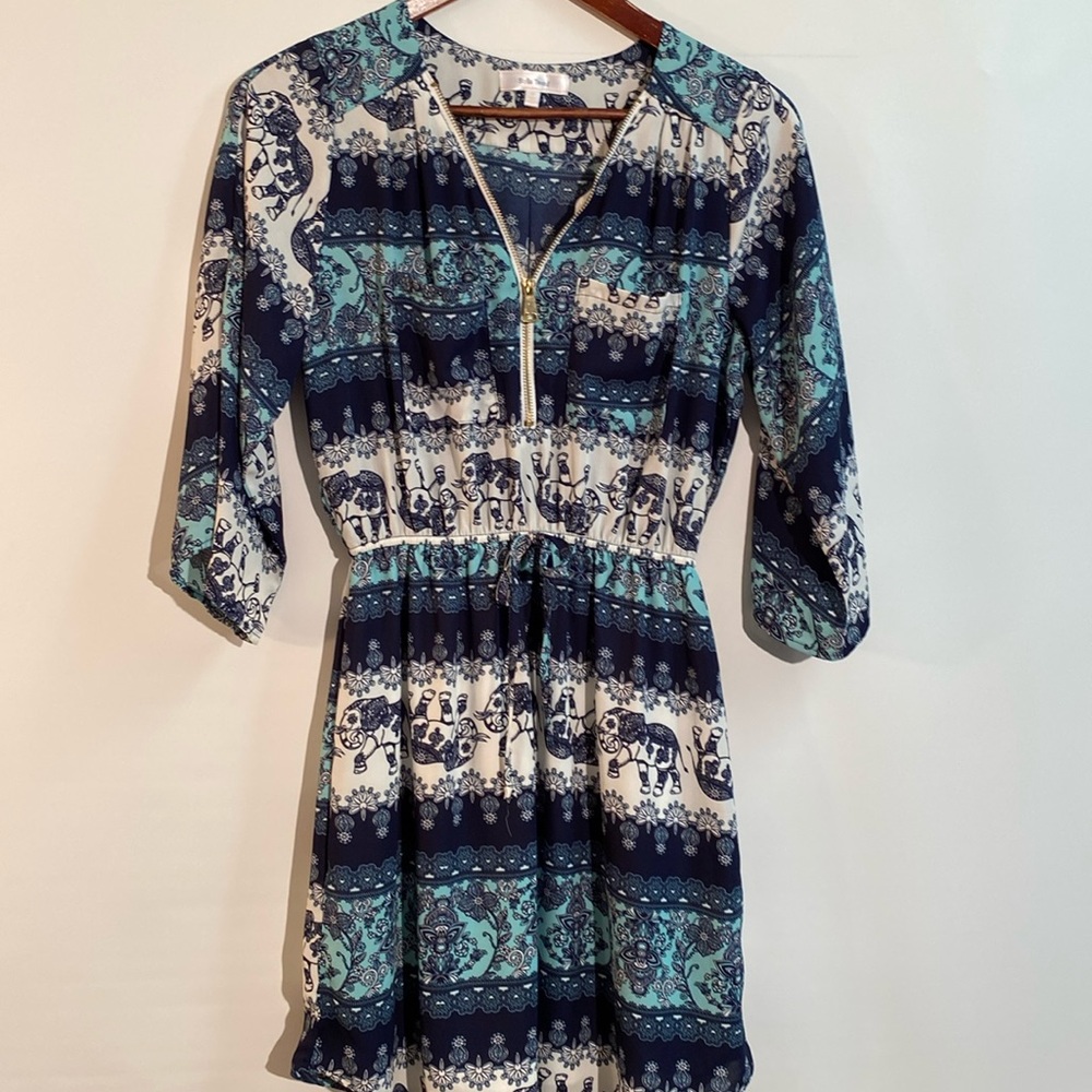 Stella Tweed - dress with 3/4 sleeves, elastic waist. Size S